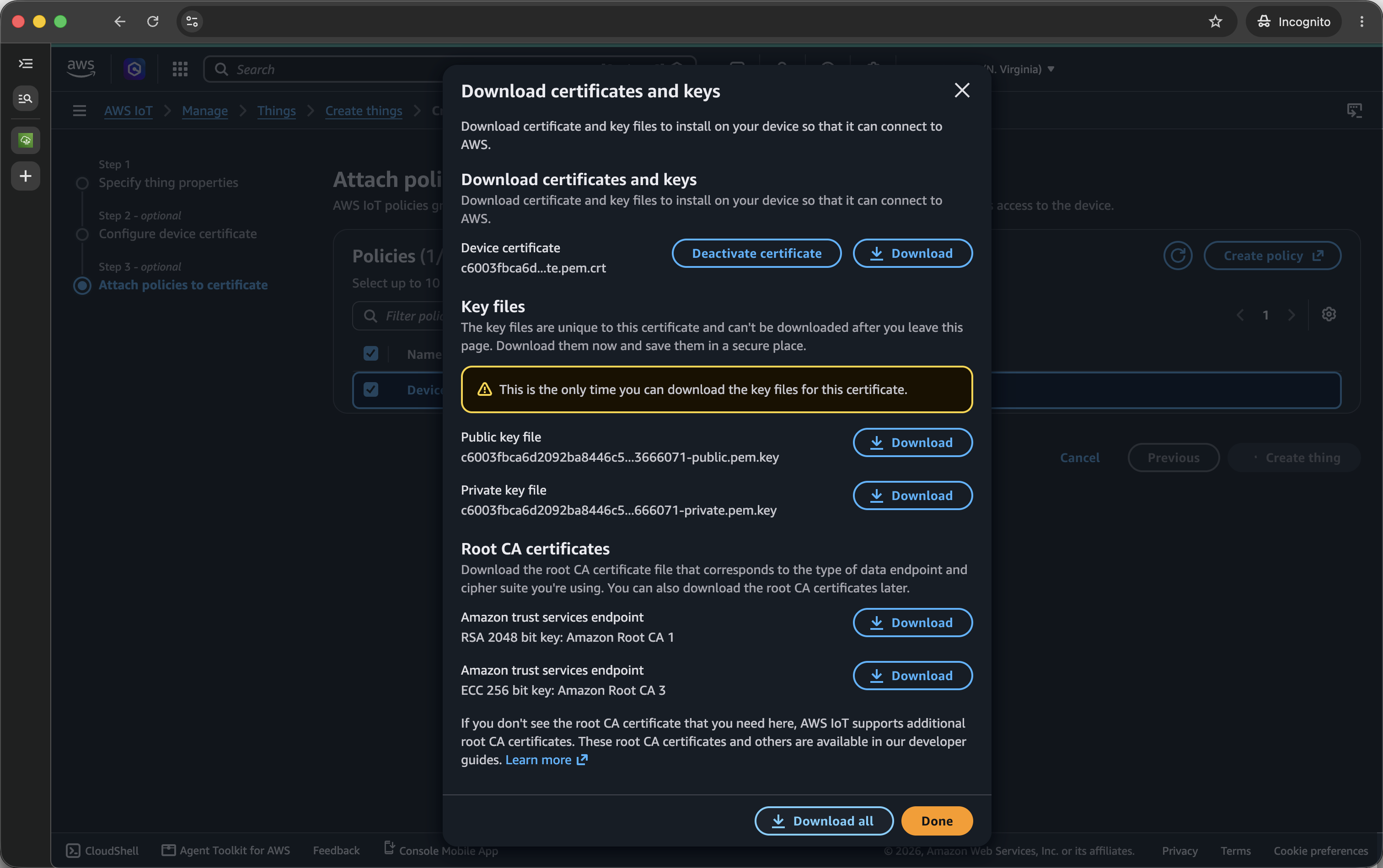 Download certificate and keys