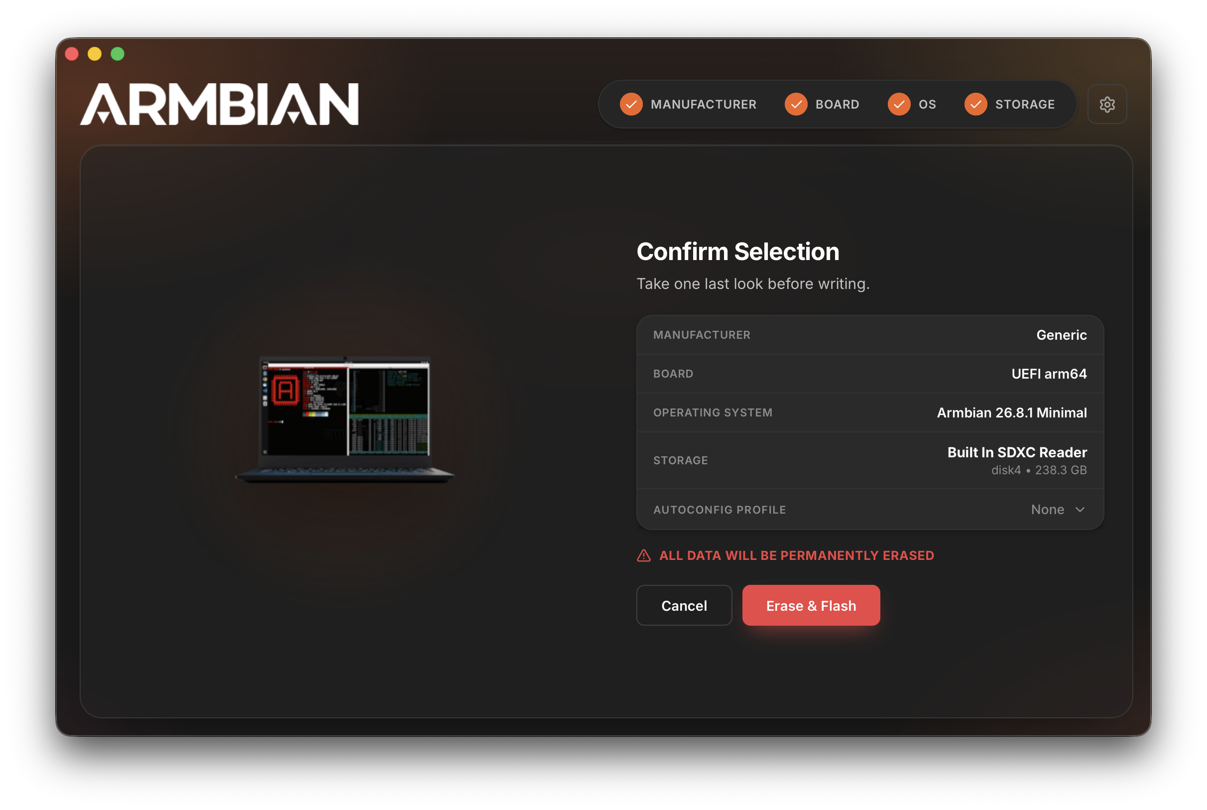 Armbian Imager - Confirm Selection